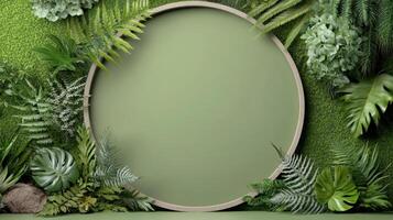 circular frame surrounded by lush green plants and foliage photo