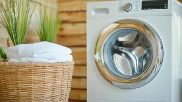 Efficient washing machine with towels in cozy laundry room setting photo