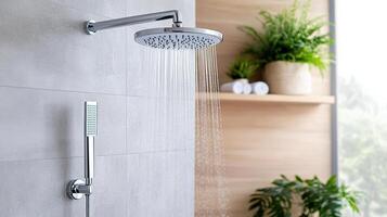 modern water saving showerhead with cascading water in stylish bathroom photo