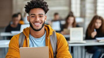 Engaged student smiling in classroom during creative writing session photo