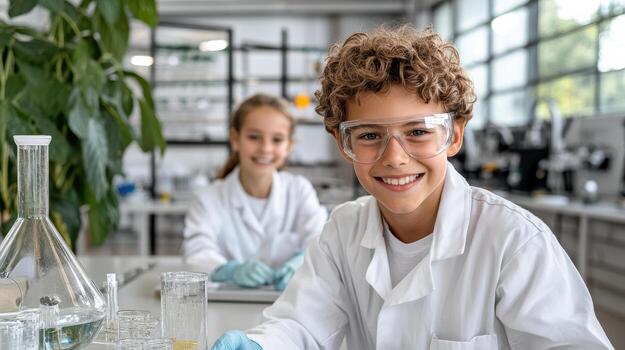 joven estudiantes en Ciencias laboratorio conductible experimentos con cristalería foto