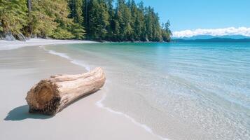 serene beach with log on shore, surrounded by lush trees and clear water photo