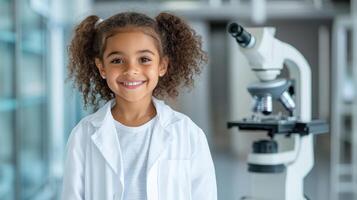 young girl in lab coat smiles confidently beside microscope, showcasing her interest in science photo