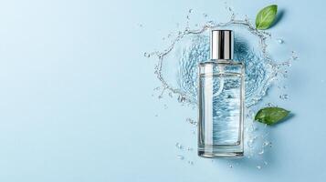 Fresh cosmetic bottle with water splash and green leaves on blue background photo