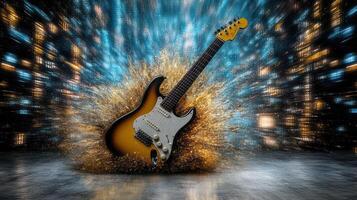stunning electric guitar surrounded by vibrant explosion of color and light photo
