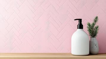 Brightly colored cosmetic bottle with playful design and greenery photo