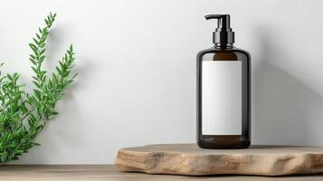 Clean and modern cosmetic bottle mockup on wooden surface photo