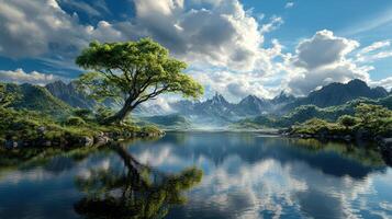 serene landscape featuring tree by tranquil lake, mountains, and clouds photo