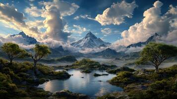 Breathtaking fantasy landscape with mountains, clouds, and serene lake photo