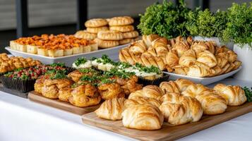Delicious brunch spread featuring pastries, breads, and fresh herbs photo