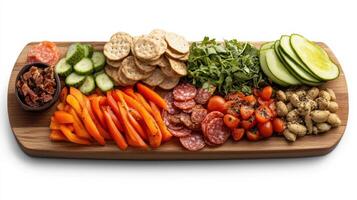 Colorful charcuterie board with fresh vegetables, meats, and crackers photo