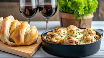 Delicious French dinner featuring escargot, red wine, and fresh bread photo