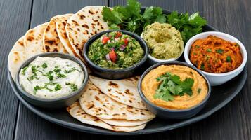 Delicious platter of various dips and flatbreads, perfect for sharing photo