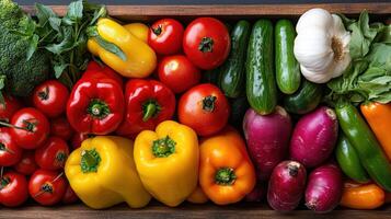 Fresh colorful vegetables including peppers, tomatoes, and cucumbers photo
