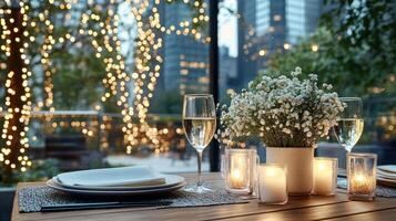 cozy dinner setting with elegant tableware, soft lighting, and flowers photo