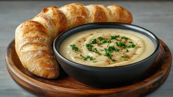 comforting bowl of creamy soup served with fresh bread rolls photo