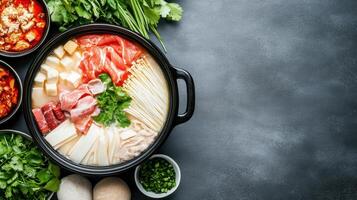 cozy dinner featuring hot pot filled with fresh ingredients and herbs photo