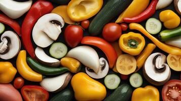 Colorful vegetarian dinner with fresh vegetables like peppers and mushrooms photo