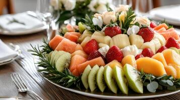 Fresh fruit platter with vibrant colors and floral accents for festive gathering photo