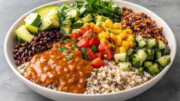 vibrant grain bowl filled with fresh vegetables and legumes photo