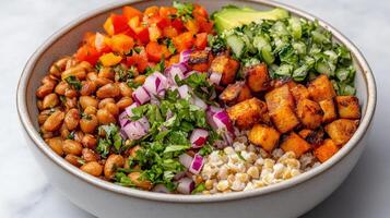 vibrant grain bowl filled with fresh vegetables and protein rich beans photo