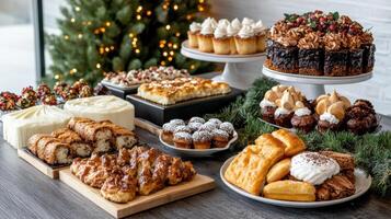 Delicious festive dessert spread with cakes, pastries, and sweets photo