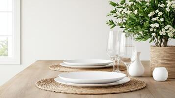 Modern dinner setup with elegant tableware and floral centerpiece photo