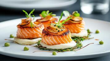 Delicious salmon dish with artistic presentation and vibrant garnishes photo