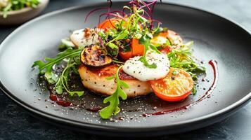 Delicious modern dish featuring grilled fish, fresh greens, and tomatoes photo
