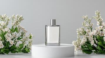 Luxurious glass cosmetic bottle mockup surrounded by fresh flowers photo