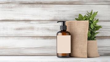 Rustic cosmetic bottle with burlap texture and green plant decor photo