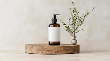 Minimalist cosmetic bottle mockup on wooden tray with plant photo