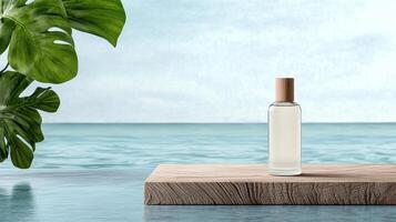 serene cosmetic bottle on wooden surface by tranquil sea photo