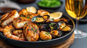 Delicious seafood platter with grilled shrimp, scallops, and mussels photo