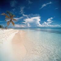 A beach with a palm tree and a body of water. The sky is blue and cloudy photo