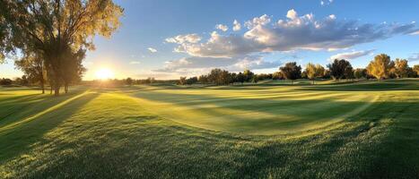 A golf course with a large green field and trees in the background. The sun is setting, casting a warm glow over the landscape photo