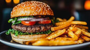 Classic Cheeseburger with Crispy Fries, Enjoy mouthwatering cheeseburger stacked with fresh veggies, complemented by crispy golden fries for perfect meal photo