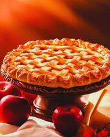 Classic Apple Pie Delight, Mouthwatering apple pie sits on wooden pedestal, surrounded by fresh apples, exuding warmth and deliciousness photo