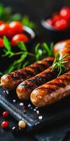 Grilled Sausages with Fresh Herbs and Tomatoes, Indulge in delicious grilled sausages, beautifully plated with fresh herbs and ripe tomatoes, perfect for any culinary occasion photo