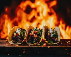 Sizzling Tacos A Flavorful Fiesta, Discover perfect blend of flavors with these mouth-watering tacos, garnished with fresh toppings and surrounded by fiery ambiance photo
