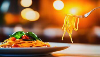 Delightful Spaghetti with Basil, Mouthwatering plate of spaghetti adorned with fresh basil, captured against warm, inviting background photo