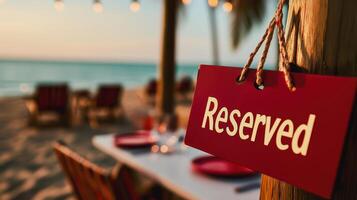 Beachfront Dining A Reserved Experience, Reserved sign graces picturesque beachfront dining setup as evening approaches, perfect for romantic dinners or celebrations photo