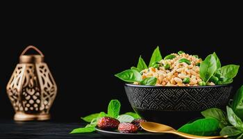 Aromatic Grain Bowl with Fresh Greens and Dates, Beautiful grain bowl filled with greens, topped with dates and surrounded by vibrant green leaves, perfect for any occasion photo