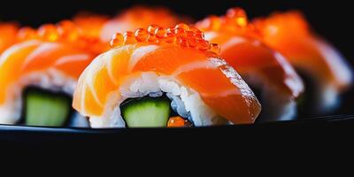 Exquisite Salmon Sushi Delights, Discover vibrant beauty of sushi, featuring fresh salmon, creamy rice, and rich roe in tantalizing arrangement photo