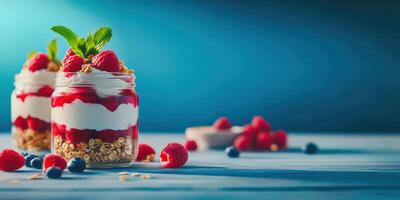 Delightful Raspberry Parfait, Vibrant raspberry parfait featuring layers of yogurt, granola, and fresh berries, garnished with mint leaves for freshness photo