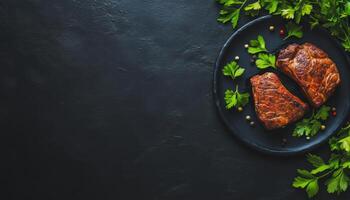 Savory Seared Steaks with Fresh Herbs, Mouthwatering plate of perfectly cooked steaks garnished with fresh parsley and colorful peppercorns against dark background photo