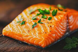 Savory Grilled Salmon with Fresh Herbs, Mouthwatering grilled salmon garnished with fresh herbs, vibrant colors and textures, perfect for healthy meal photo
