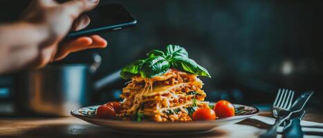 Capturing Culinary Delights A Perfect Lasagna, Delicious lasagna topped with basil and tomatoes, beautifully captured for food lovers and culinary enthusiasts photo