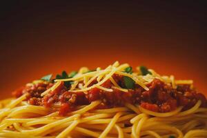 Classic Spaghetti with Meat Sauce, Delicious plate of spaghetti topped with savory meat sauce, garnished with fresh herbs and shredded cheese photo