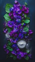 Vibrant Edible Flowers and Flour Arrangement, Stunning display of purple edible flowers and leaves, complemented by bowl of flour, culinary artistry photo
